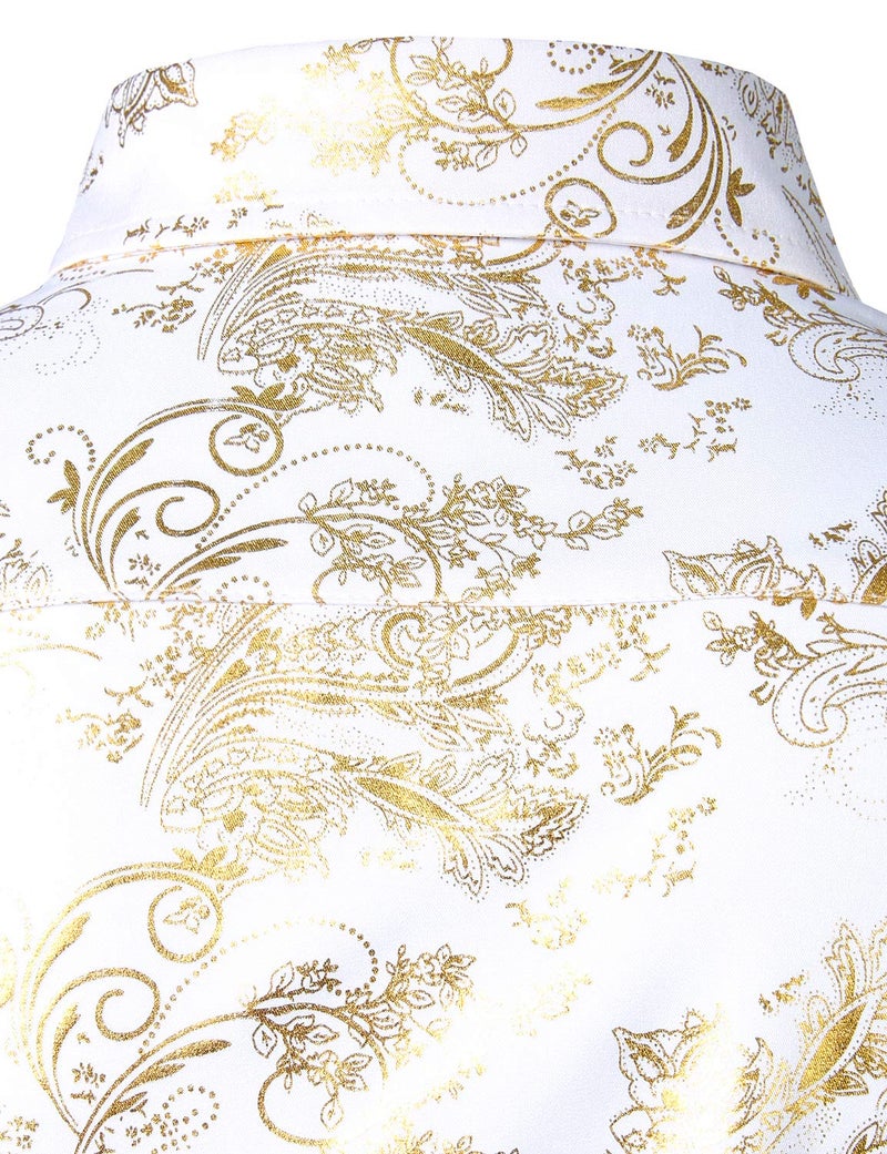 ZEROYAA Men's Luxury Paisley Gold Shiny Printed Stylish Slim Fit Button Down Dress Shirt ZLCL18 White Gold X-Large - Image 5